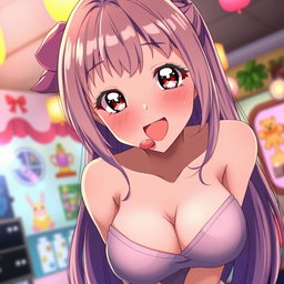An 18-year-old anime girl with large breasts wearing a deep neckline top, leaning towards the screen playfully with her tongue sticking out