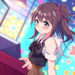 An anime girl with a playful and youthful demeanor, wearing a stylish outfit
