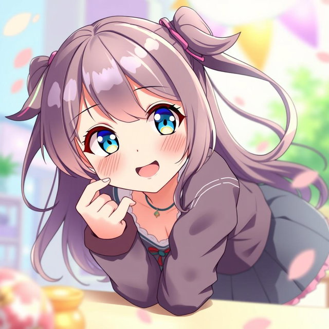 An anime girl with a playful and youthful demeanor, wearing a stylish outfit