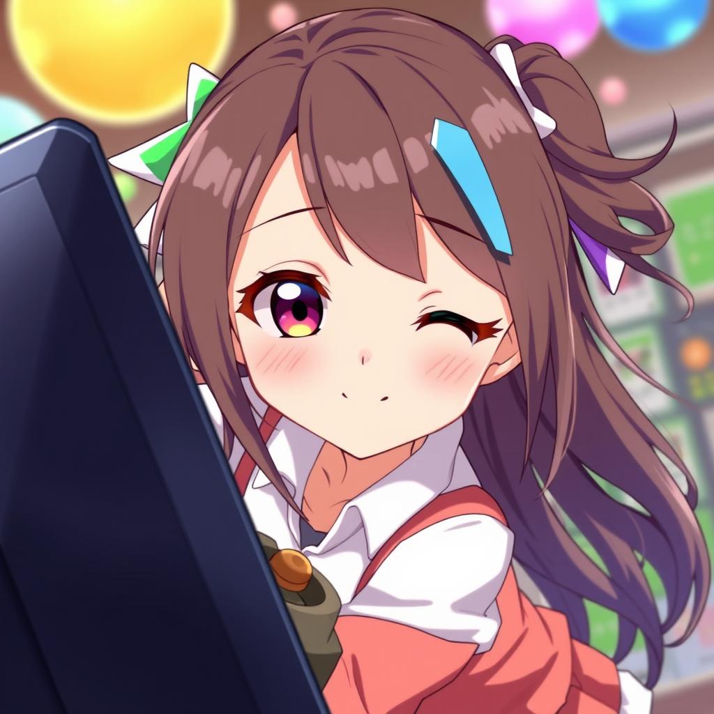 An anime girl with a playful and youthful demeanor, wearing a stylish outfit