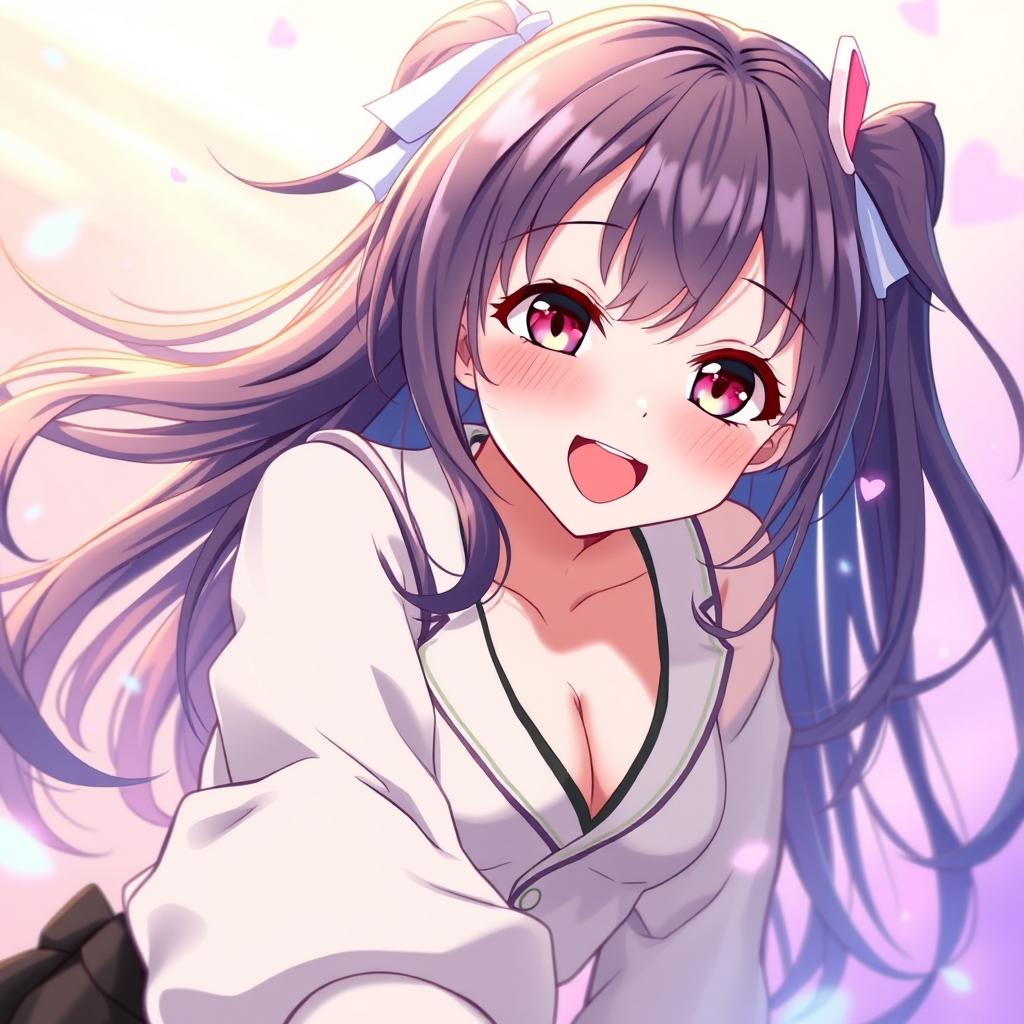An anime girl with a youthful appearance, around 15 years old, wearing a stylish outfit with a deep neckline