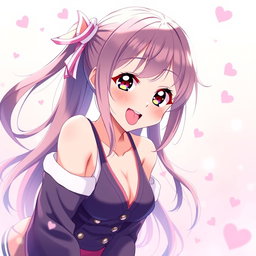 An anime girl with a youthful appearance, around 15 years old, wearing a stylish outfit with a deep neckline