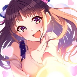 An anime girl with a youthful appearance, around 15 years old, wearing a stylish outfit with a deep neckline
