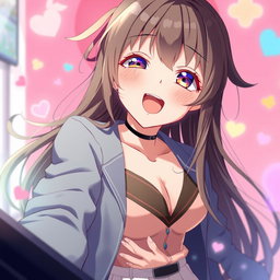 An anime girl with a youthful appearance, around 15 years old, wearing a stylish outfit with a deep neckline