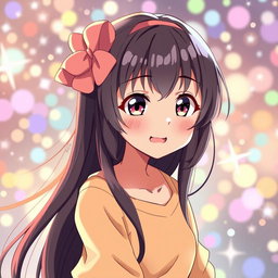 An anime girl with a youthful appearance, around 15 years old, with a playful and lively expression, surrounded by a sparkling and colorful background