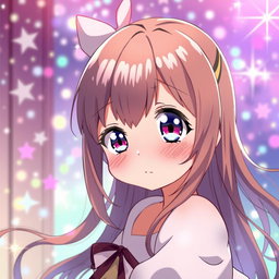 An anime girl with a youthful appearance, around 15 years old, with a playful and lively expression, surrounded by a sparkling and colorful background