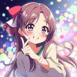 An anime girl with a youthful appearance, around 15 years old, with a playful and lively expression, surrounded by a sparkling and colorful background