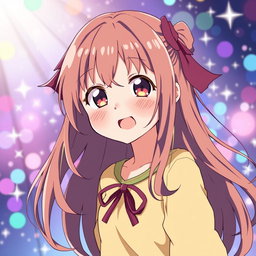 An anime girl with a youthful appearance, around 15 years old, with a playful and lively expression, surrounded by a sparkling and colorful background