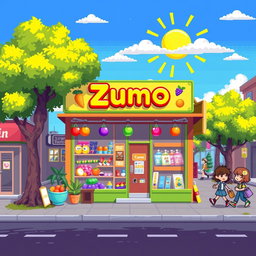 A vibrant pixel art scene of a small, colorful shop named "Zumo"