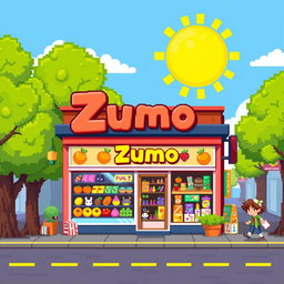 A vibrant pixel art scene of a small, colorful shop named "Zumo"