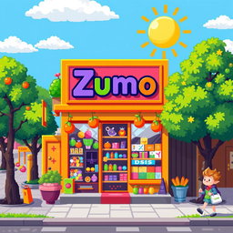 A vibrant pixel art scene of a small, colorful shop named "Zumo"