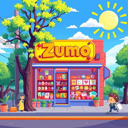 A vibrant pixel art scene of a small, colorful shop named "Zumo"