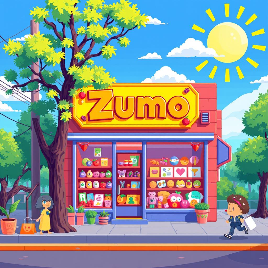 A vibrant pixel art scene of a small, colorful shop named "Zumo"
