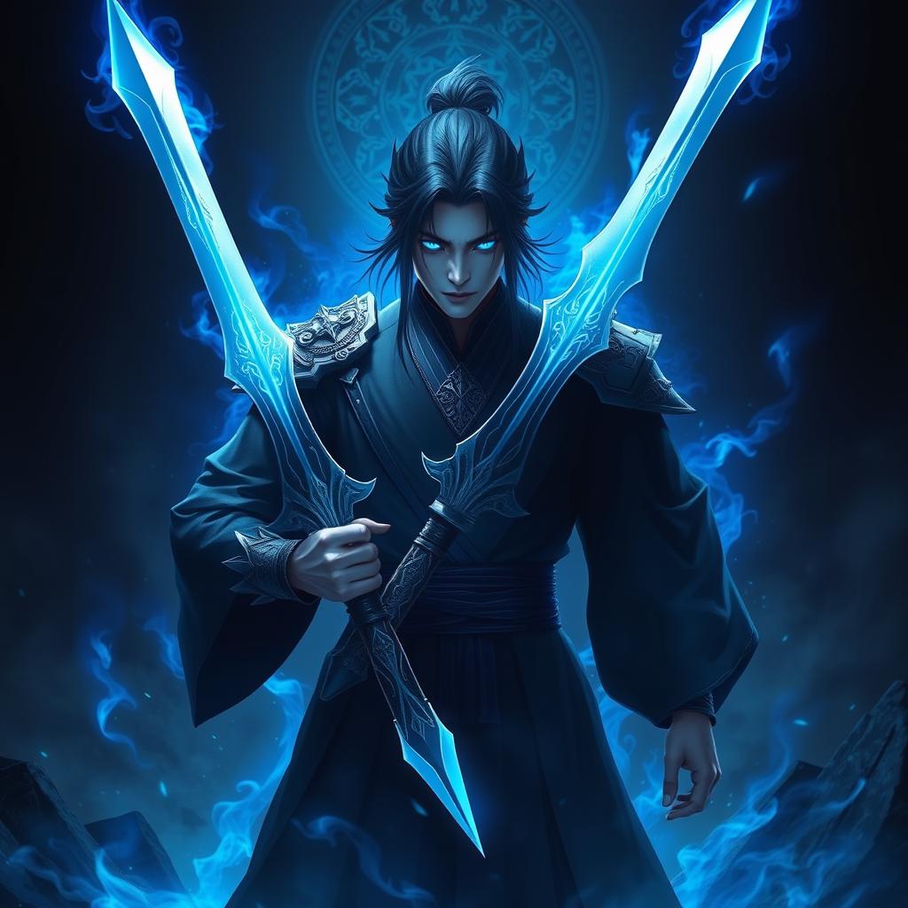 Sung Jinwoo, a fierce and powerful warrior, holding two intricately designed daggers, standing confidently in a dark room