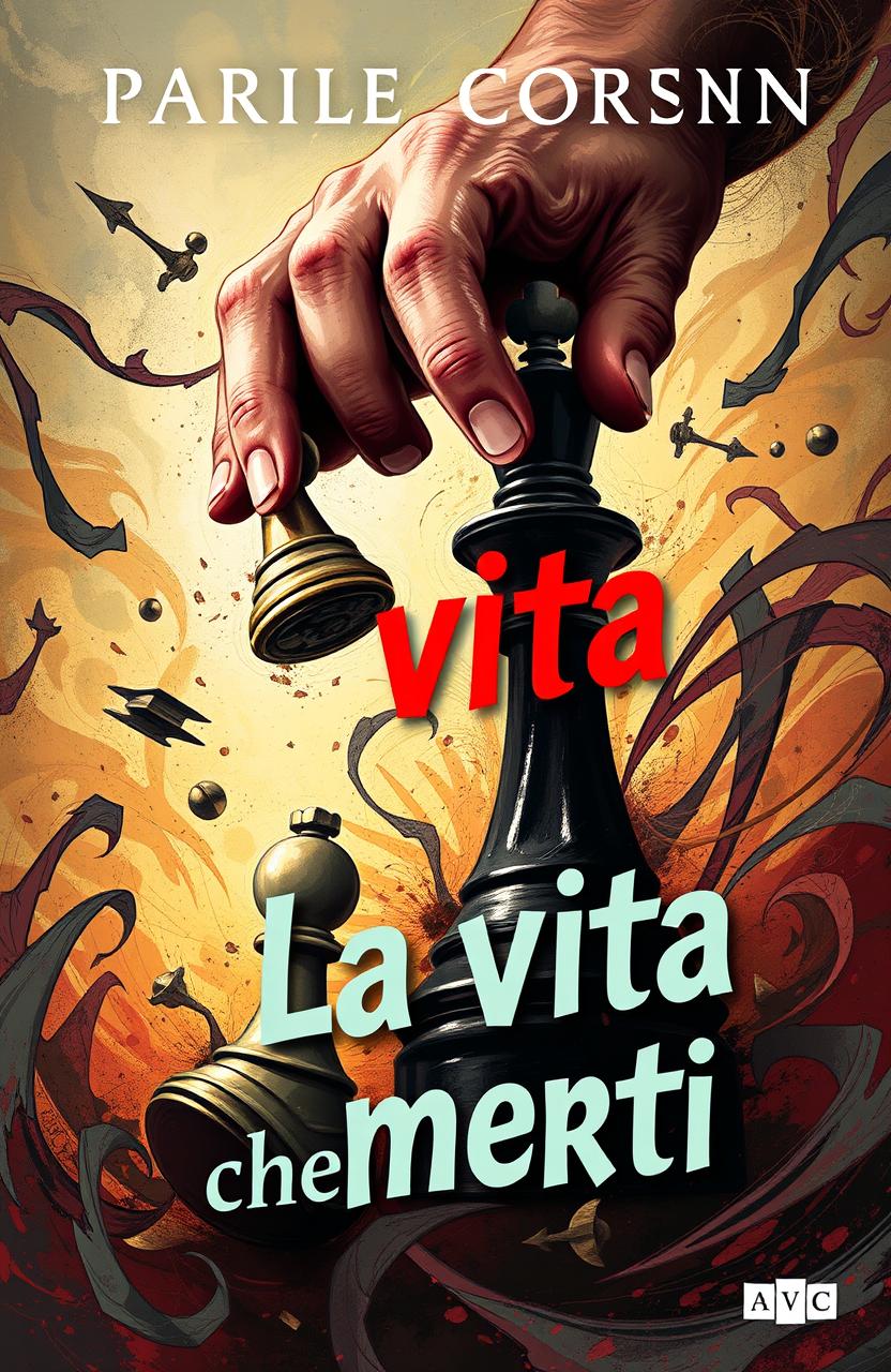 A dynamic and chaotic book cover for 'La vita che meriti', featuring a powerful scene where the King of chess and a pawn are being manipulated by an omnipotent hand