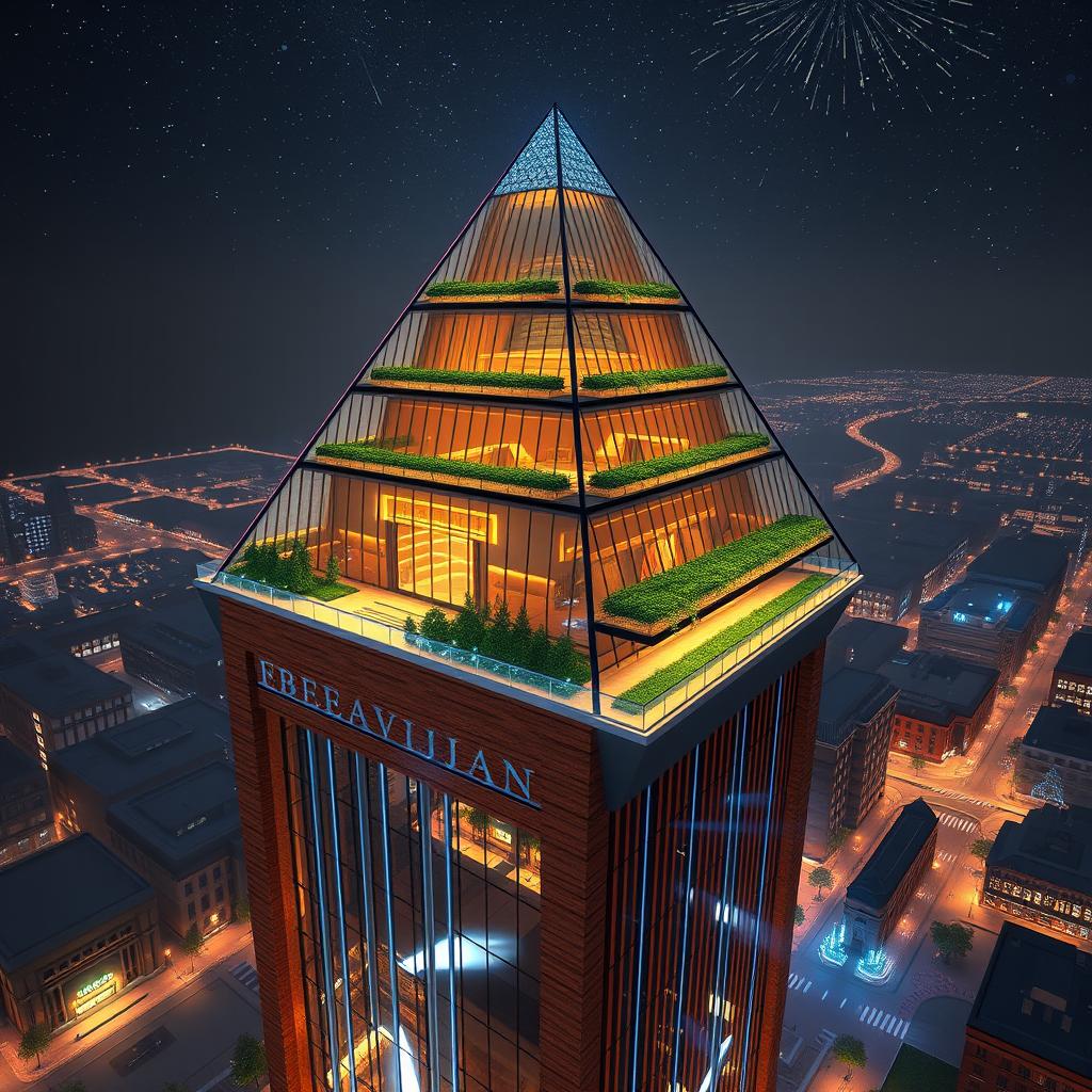 A futuristic vision of EBEEAVIJAN, a 90-meter tall modern pyramid that rises into the heavens like an ancient temple belonging to another world