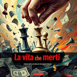A dynamic and chaotic book cover for 'La vita che meriti', featuring a powerful scene where the King of chess and a pawn are being manipulated by an omnipotent hand
