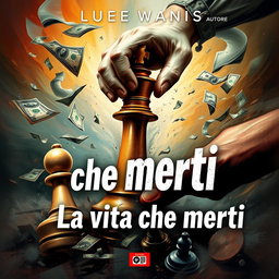 A dynamic and chaotic book cover for 'La vita che meriti', featuring a powerful scene where the King of chess and a pawn are being manipulated by an omnipotent hand