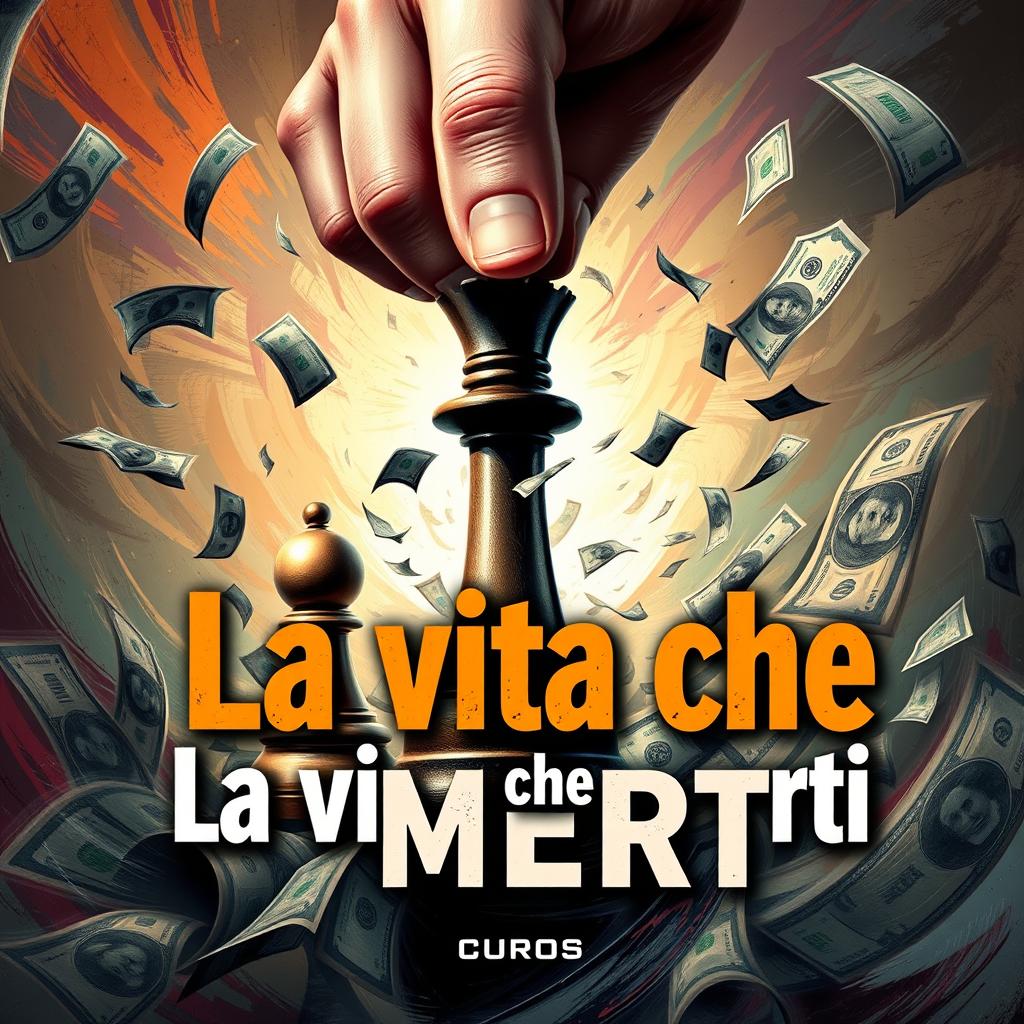 A dynamic and chaotic book cover for 'La vita che meriti', featuring a powerful scene where the King of chess and a pawn are being manipulated by an omnipotent hand