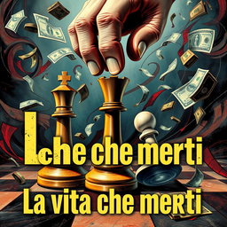 A dynamic and chaotic book cover for 'La vita che meriti', featuring a powerful scene where the King of chess and a pawn are being manipulated by an omnipotent hand