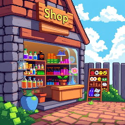A vibrant pixel art scene of a charming little shop filled with colorful merchandise