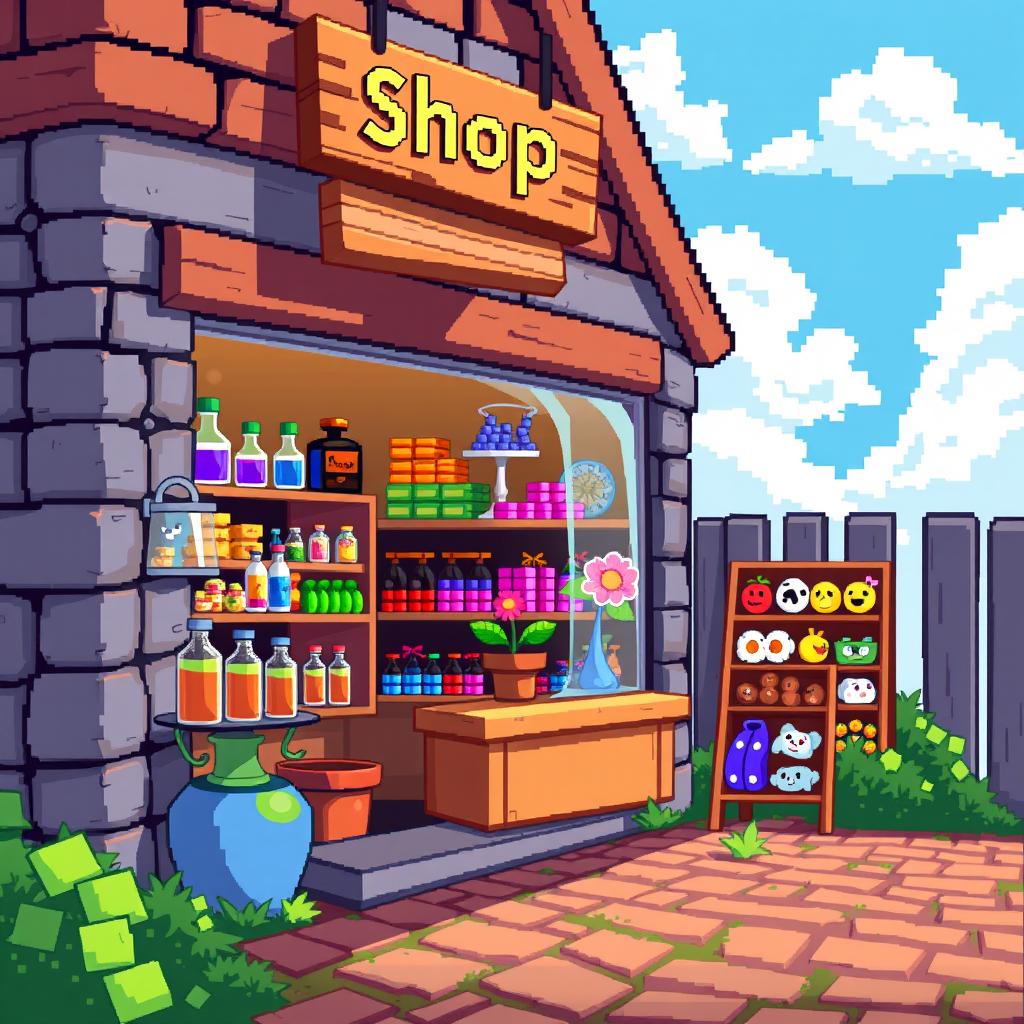 A vibrant pixel art scene of a charming little shop filled with colorful merchandise