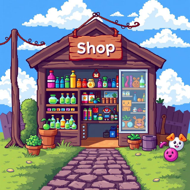 A vibrant pixel art scene of a charming little shop filled with colorful merchandise