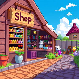 A vibrant pixel art scene of a charming little shop filled with colorful merchandise