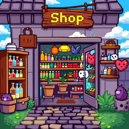 A vibrant pixel art scene of a charming little shop filled with colorful merchandise