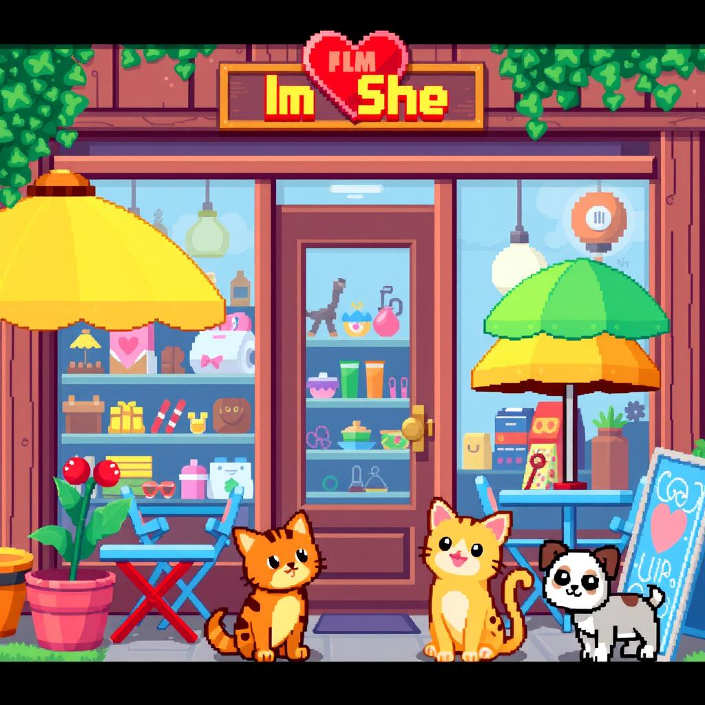 A vibrant and colorful pixel art shop scene, showcasing a variety of unique items in the display window