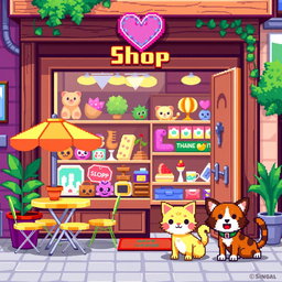 A vibrant and colorful pixel art shop scene, showcasing a variety of unique items in the display window