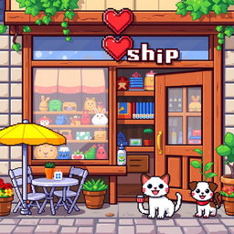 A vibrant and colorful pixel art shop scene, showcasing a variety of unique items in the display window