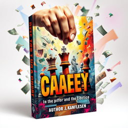A visually striking book cover that is very chaotic and dynamic, featuring a scene where a King of chess and a pawn are controlled by a powerful, omnipotent hand