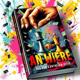 A visually striking book cover that is very chaotic and dynamic, featuring a scene where a King of chess and a pawn are controlled by a powerful, omnipotent hand
