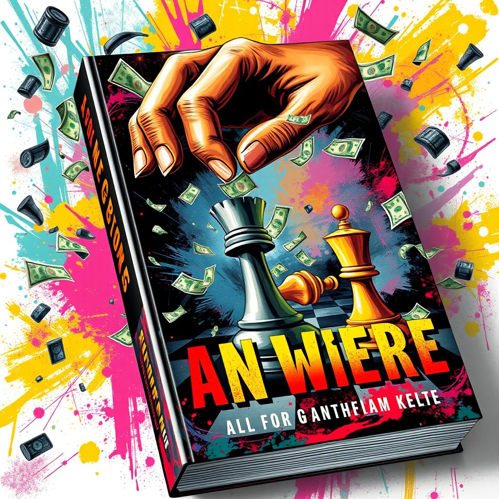 A visually striking book cover that is very chaotic and dynamic, featuring a scene where a King of chess and a pawn are controlled by a powerful, omnipotent hand