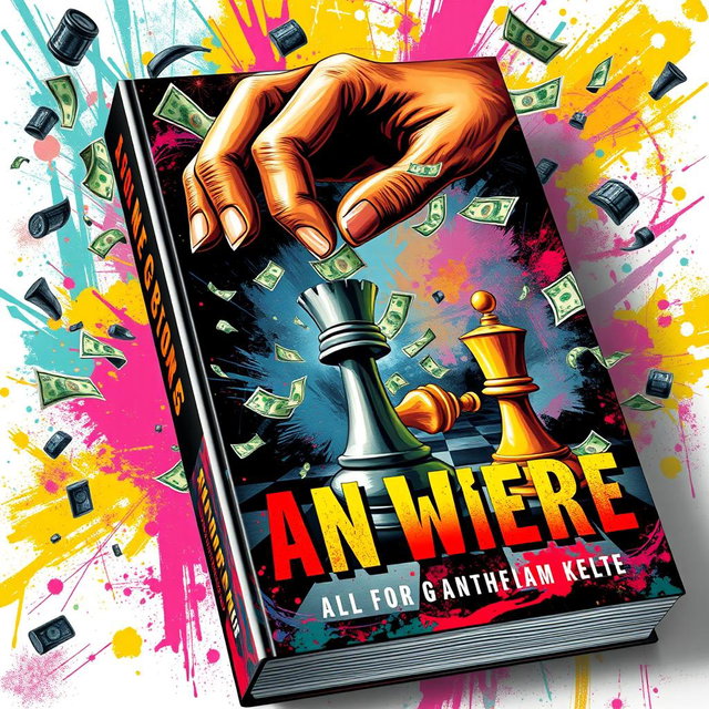 A visually striking book cover that is very chaotic and dynamic, featuring a scene where a King of chess and a pawn are controlled by a powerful, omnipotent hand