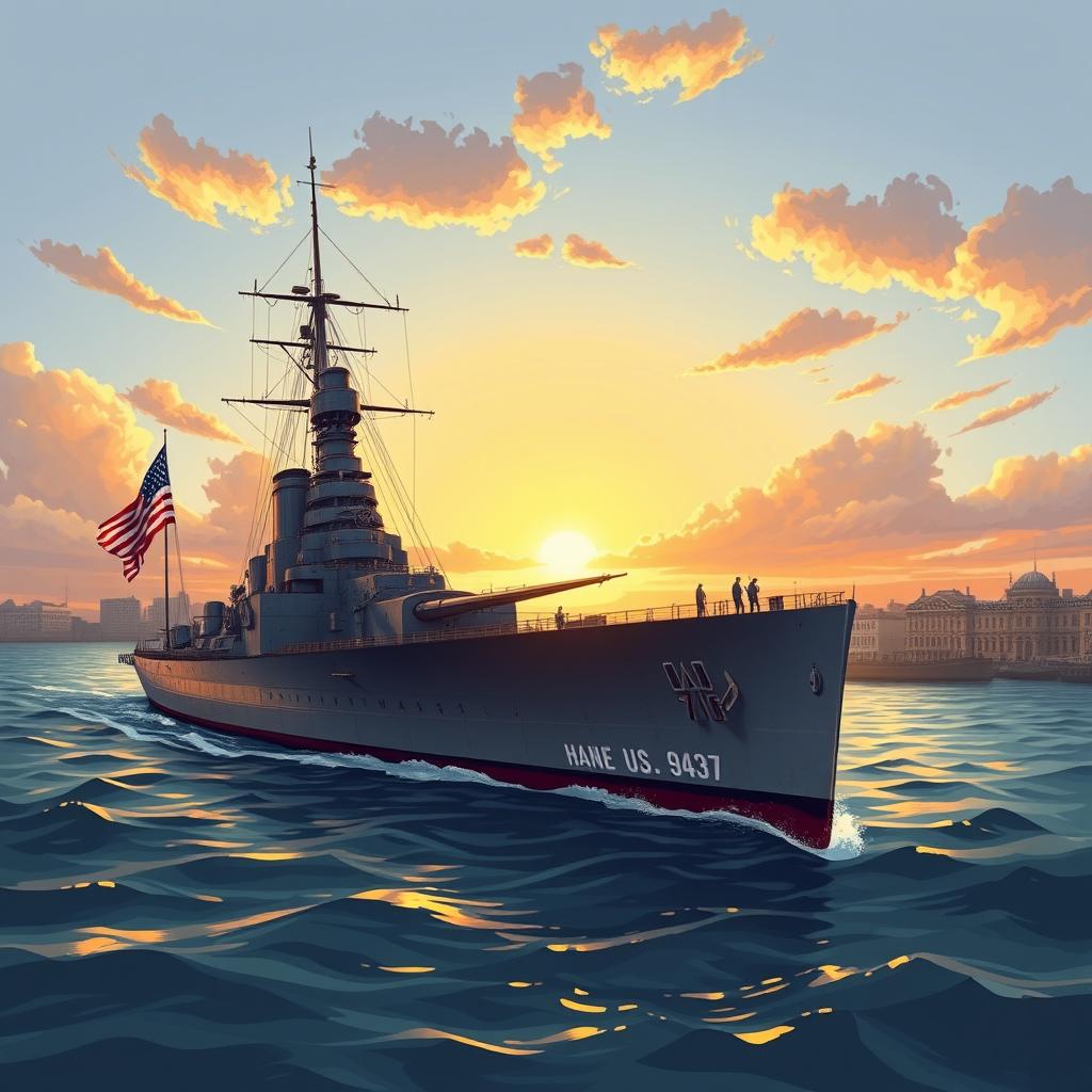 A detailed illustration of the USS Maine, a navy battleship from the late 19th century, positioned majestically in Havana harbor