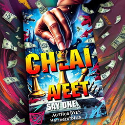 A visually striking book cover that is very chaotic and dynamic, featuring a scene where a King of chess and a pawn are controlled by a powerful, omnipotent hand