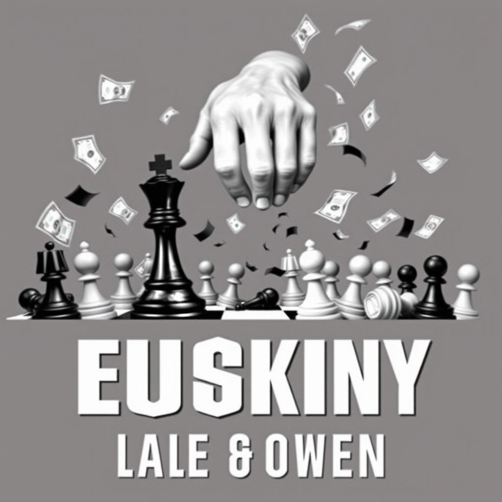 A chaotic and dynamic book cover featuring a scene where the King of chess and a pawn are controlled by a powerful, omnipotent hand