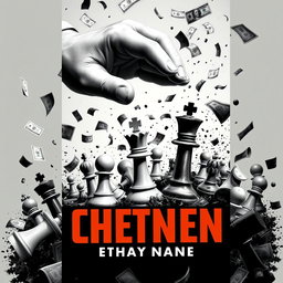A chaotic and dynamic book cover featuring a scene where the King of chess and a pawn are controlled by a powerful, omnipotent hand
