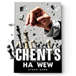 A chaotic and dynamic book cover featuring a scene where the King of chess and a pawn are controlled by a powerful, omnipotent hand