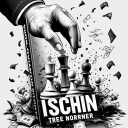 A chaotic and dynamic book cover featuring a scene where the King of chess and a pawn are controlled by a powerful, omnipotent hand