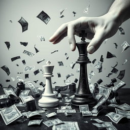 A chaotic and dynamic scene featuring a King of chess and a pawn, both being manipulated by an omnipotent hand