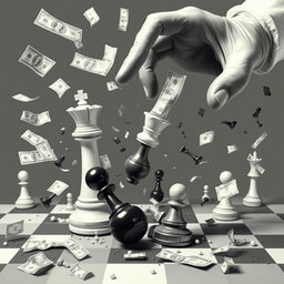 A chaotic and dynamic scene featuring a King of chess and a pawn, both being manipulated by an omnipotent hand