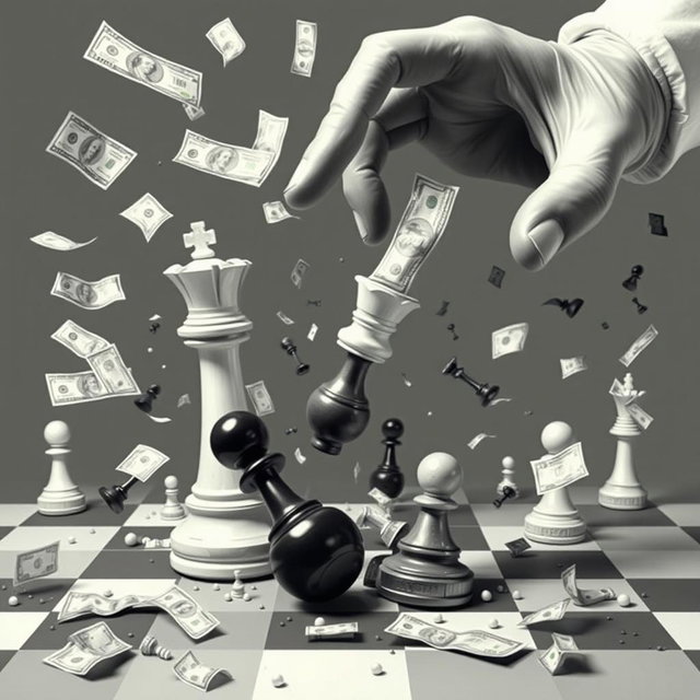 A chaotic and dynamic scene featuring a King of chess and a pawn, both being manipulated by an omnipotent hand