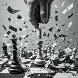 A chaotic and dynamic scene featuring a King of chess and a pawn, both being manipulated by an omnipotent hand
