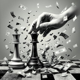A chaotic and dynamic scene featuring a King of chess and a pawn, both being manipulated by an omnipotent hand