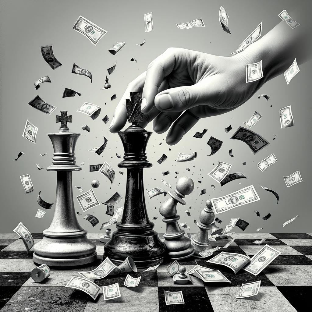 A chaotic and dynamic scene featuring a King of chess and a pawn, both being manipulated by an omnipotent hand