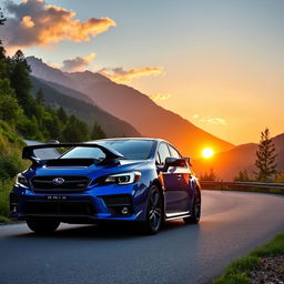 A striking, high-performance Subaru WRX sports car parked on a scenic winding mountain road
