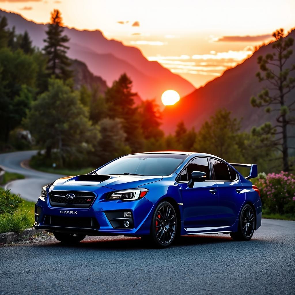 A striking, high-performance Subaru WRX sports car parked on a scenic winding mountain road